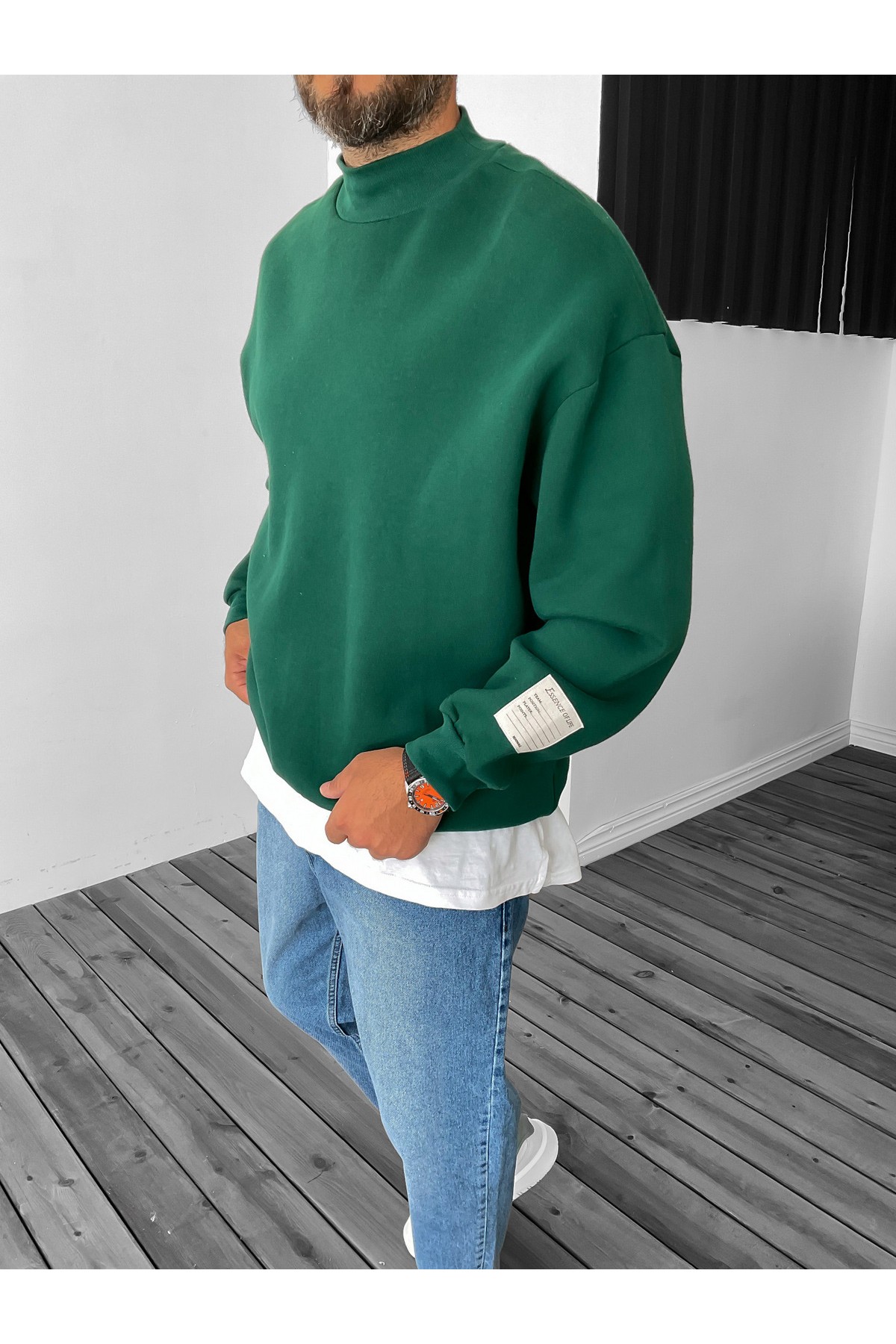 Demo-1 Koyu Yeşil Geniş Yaka Basic Sweat V-30-774